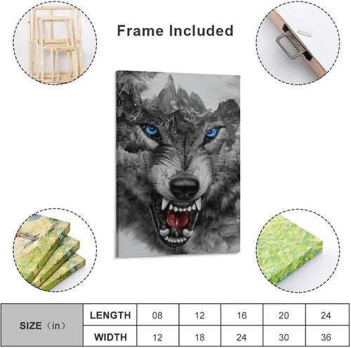 Vista 2 de Rucatto Póster de animales en blanco y negro con cabeza de lobo enojado salvaje y ojos azules, impresiones artísticas en lienzo para decoración