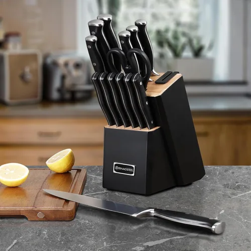 Vista 2 de Juego de cuchillos negros, juego de 15 piezas con afilador integrado y tijeras para cocina, juego de cuchillos aptos para lavavajillas, regalo ideal