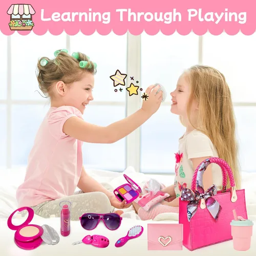 Vista 6 de Bolso para niña con maquillaje de simulación para niños pequeños, juego de monedero para niños, incluye bolso, auriculares de juego, cartera
