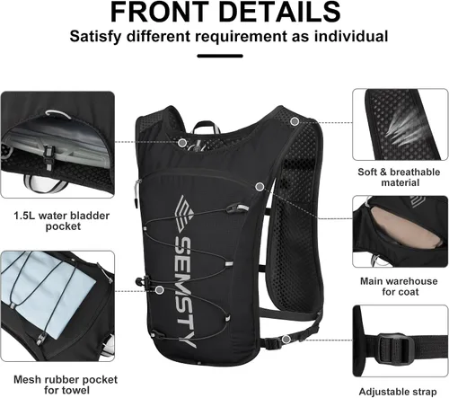 Vista 2 de Chaleco de Hidratación para Correr 5L, Paquete de Chaleco para Correr con Vejiga de Agua de 1.5L, Mochila de Agua Ligera para Senderismo, Correr