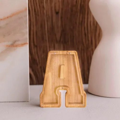 Vista 2 de Alcancía de 26 letras del alfabeto inglés A-Z, alcancía de madera transparente de gran capacidad, caja de ahorro de monedas personalizada