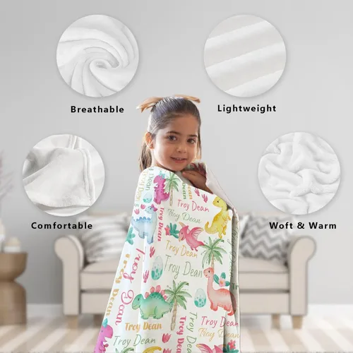 Vista 33 de Manta de regalo personalizada de dinosaurio con nombre para niñas, niños, recién nacidos, dinosaurio, manta personalizada para envolver al bebé