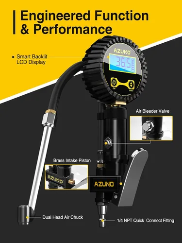 Vista 7 de AZUNO Inflador de neumáticos digital con manómetro, 200 PSI, accesorios de compresor de aire resistentes, con manguera de goma, bloqueo