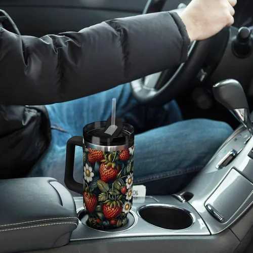 Vista 7 de Botella de agua de viaje de boca ancha con diseño de fresas de frutas, tapa a prueba de fugas y pajita, taza de té decorativa con tapa para agua, té