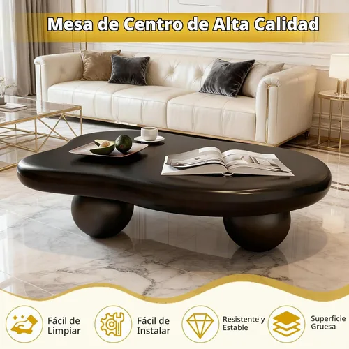 Vista 3 de Mesa de centro en forma de nube de 44 pulgadas, modernas mesas de centro ovaladas irregulares con 3 bases, mesa central color crema para dormitorio