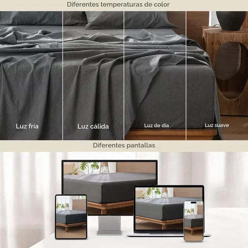 Vista 8 de MooMee Sábana bajera ajustable únicamente, 100% algodón lavado con textura tipo lino, transpirable, duradera, suave, cómoda, bolsillo profundo se