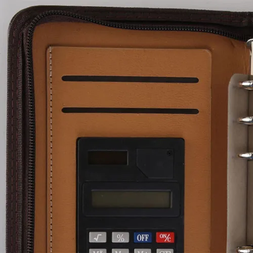 Vista 4 de Cartera de cuero con cremallera, organizador de bloc de notas, carpeta de presupuesto con calculadora y anillos de hojas sueltos, carpeta