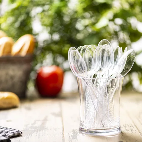 Vista 6 de Comfy Package [Paquete de 300] Cucharas de té de plástico transparente pesado con diseño grabado, utensilios desechables de plástico resistente