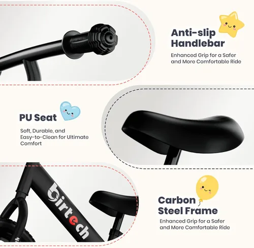 Vista 4 de Birtech Bicicleta de equilibrio para niños de 2, 3, 4, 5 años, bicicleta de equilibrio para niños de 12 pulgadas, juguetes para interiores y Negro