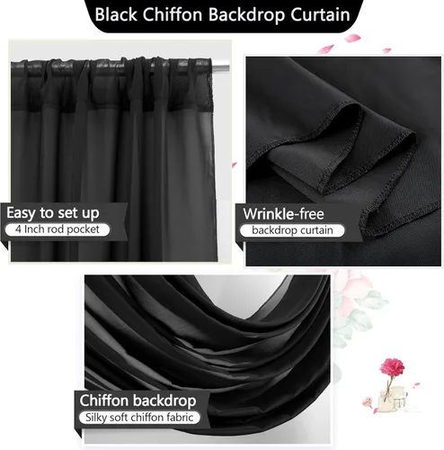 Vista 4 de PARTISKY Cortinas de telón de fondo de gasa negra de 10 x 7 pies, cortinas de fotos de tela transparente sin arrugas para boda, ceremonia, arco