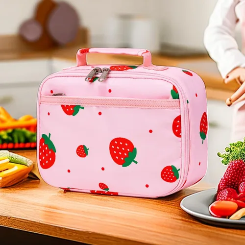 Vista 4 de CAMTOP Lonchera con aislamiento para niños, pequeña hielera térmica para comidas y pícnics escolares (fresa)