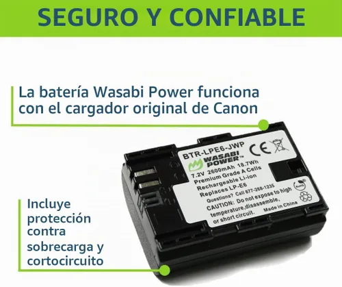 Vista 5 de Wasabi Power Batería LP-E6, LP-E6N (paquete de 2) para Canon EOS 5D Mark II/III/IV, 5DS, 5DS R, 6D, 6D Mark II, 7D, 7D Mark II, 70D, 80D, 90D, R