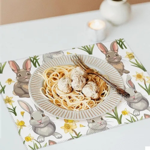 Vista 6 de Beautiful Flowers Bunny Placemats Set of 6 Resistant Table Mats Washable Place Mats for Dinner Party Table Decoration