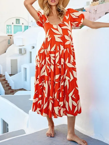 Vista 5 de PRETTYGARDEN Vestidos de verano para mujer, manga abombada, floral, casual, vestidos de verano fruncidos, sin espalda, para playa, vestido largo