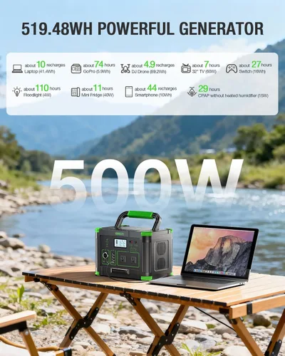 Vista 2 de Estación de energía portátil de 500 W, 519.48 Wh/140400 mAh, generador solar, batería de litio de reserva, fuente de alimentación con 2 salidas