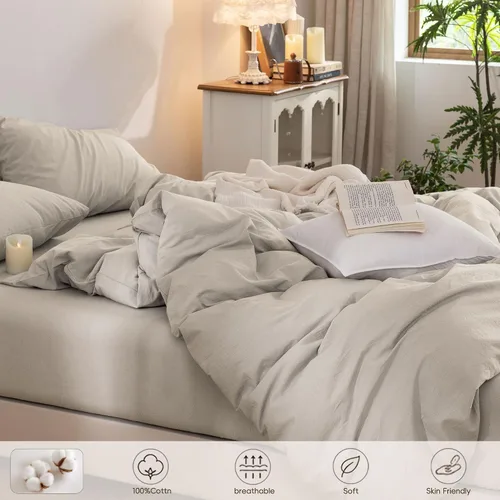 Vista 2 de Juego de funda de edredón 100% algodón lavado, tacto de lino Ropa de cama moderna transpirable ligera y suave para todas las estaciones