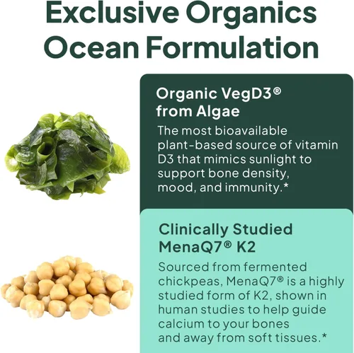 Vista 5 de Organics Ocean Better D3 + K2-100% Suplementos Orgánicos de VIT D3 y K2 con Máxima Biodisponibilidad – Apoya la Densidad Ósea, Equilibrio de Calcio