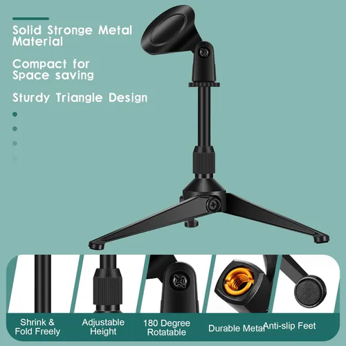 Vista 4 de Paquete de 3 soportes de micrófono de escritorio portátil plegable con soporte de clip para micrófono, altura ajustable, soporte de micrófono