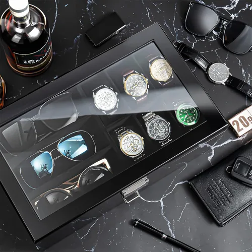 Vista 4 de ProCase Lacquered Finish Wooden Men's Jewelry Box Bundle with 18 Slots Sunglasses Organizer