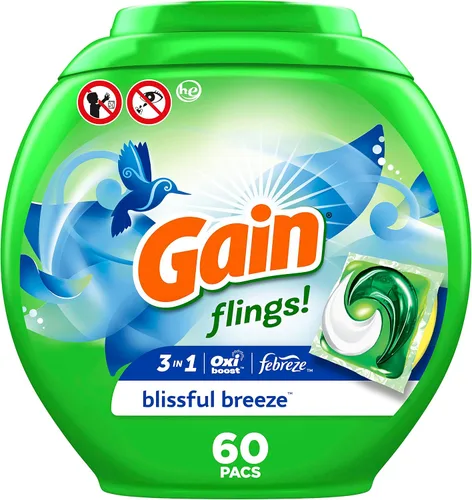 Vista 28 de Gain Flings! Jabón líquido para ropa sucia, compatible con HE, paquete de 3 bolsas, 111 unidades, aroma de larga duración, aroma a brisa feliz