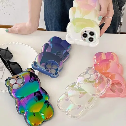 Vista 2 de Bear - Funda para teléfono compatible con el teléfono 11, bonita funda holográfica negra 3D con diseño de oso holográfico, a prueba de golpes, Kpop