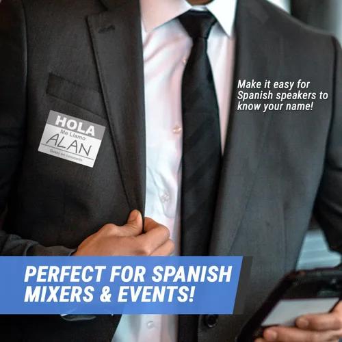 Vista 4 de Etiquetas de nombre en español (4 x 2.3 pulgadas, grises, 100 etiquetas) Hola, Me Llamo, insignias adhesivas para eventos, reuniones y reuniones