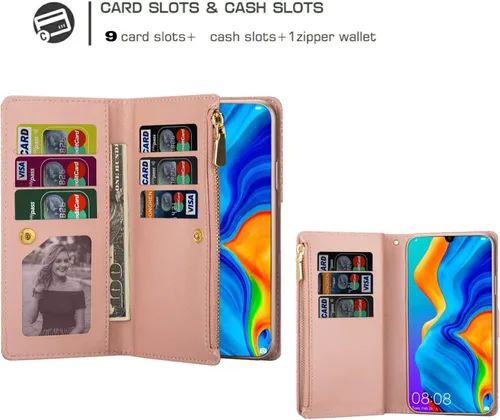 Vista 3 de Funda de teléfono para Huawei P30 Lite/Nova 4E con protector de pantalla de vidrio templado y correa para la muñeca Bling Glitter Flip Zipper