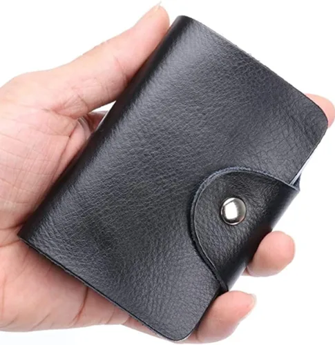 Vista 2 de Cartera para tarjetas de crédito, pequeña, de piel auténtica, 26 ranuras, para tarjetas, organizador para mujeres y hombres, Negro -, Cartera