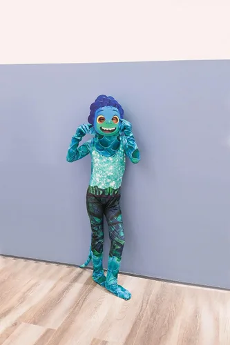 Vista 2 de Aepotumn - Disfraz de monstruo marino para niños, para Halloween, niños, niñas. Enterizo verde para cosplay con máscara 3D para niños de 2-12 años.