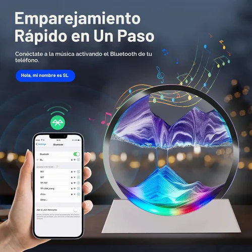 Vista 3 de Arte de arena en movimiento, decoración de movimiento líquido, lámpara de noche con altavoz Bluetooth, regulable multicolor, lámpara de arte