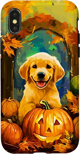 Vista 5 de Cute Golden Retriever Fall Pumpkin Autumn Leaves Halloween Case for iPhone 16