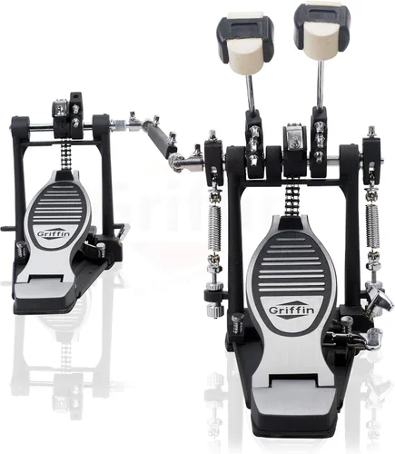 Vista 4 de GRIFFIN Pedal de bombo doble (Serie Quick-Kick) – Juego de tablas de pie de alta resistencia, cadena doble con batidores cuádruples para batería