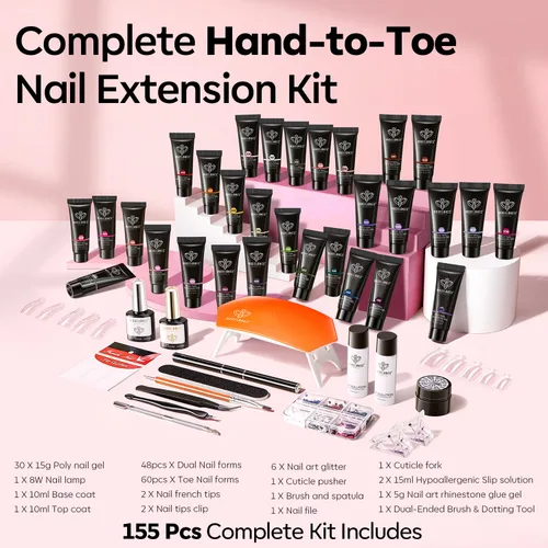 Vista 4 de Modelones Kit de uñas de poligel de 30 colores con lámpara de uñas de 8 W, rosa, amarillo, dorado, nude, formas de uñas, constructor de soluciones
