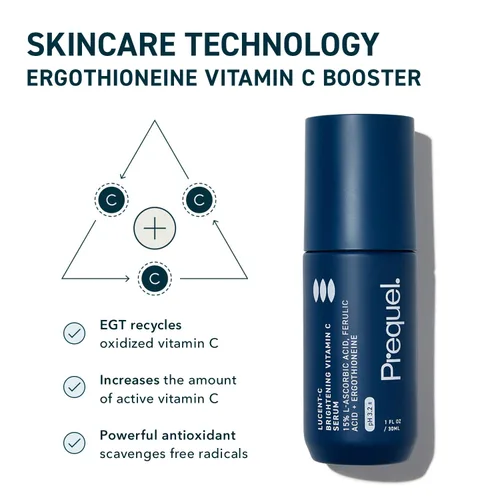 Vista 4 de Prequel Skin Lucent-C, suero de vitamina C para rostro. Ácido L-ascórbico facial profesional, fórmula de ácido ferúlico con niacinamida. Cuidado