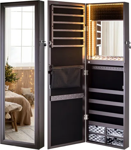 Vista 7 de Luxfurni - Joyero con espejo y 79 luces LED, gabinete para colgar en la pared o en la puerta, organizador con cerradura y cajones - Marrón