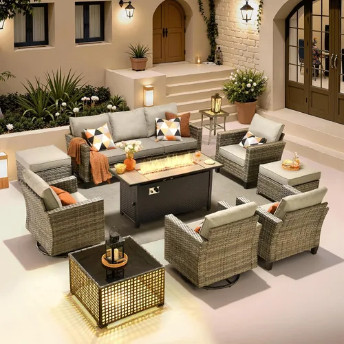Vista 36 de ovios Juego de muebles de patio de 4 piezas con sofá de exterior, luces solares, mesa, cojines cómodos, sofá de conversación de mimbre de ratán