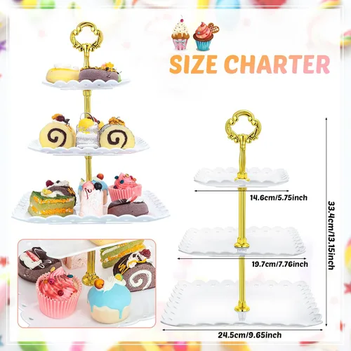 Vista 2 de 6 juegos de 3 niveles de soporte para cupcakes de fiesta de té, platos de postre de plástico blanco para cupcakes, bandejas cuadradas para tartas