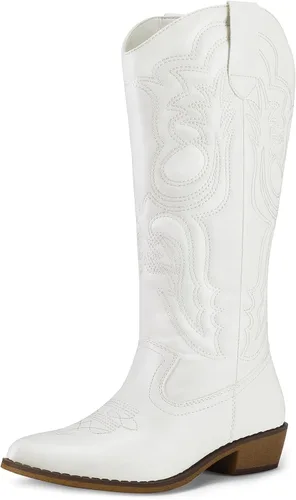 Vista 17 de mysoft Botas vaqueras para mujer de media pantorrilla bordadas estilo occidental de punta puntiaguda con tacón grueso tipo pull-on hasta la rodilla