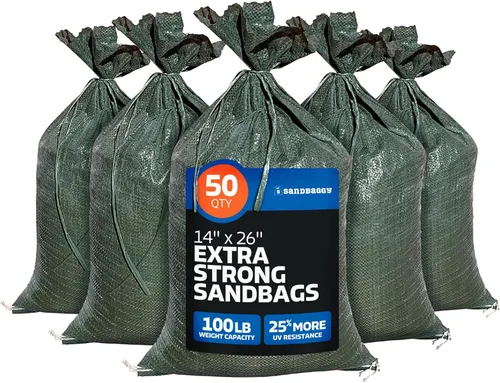 Vista 9 de Sandbaggy – Bolsas de arena vacías de poliéster con protección UV – Tamaño: 14 x 26 pulgadas. Color: Verde- Bolsas de arena para inundaciones