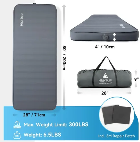 Vista 5 de Hikenture Colchoneta de dormir autoinflable de 4 pulgadas de grosor con valor 9.5 R, colchón de campamento Comfort Plus con saco de bomba