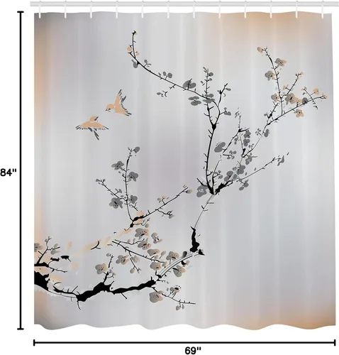 Vista 5 de Ambesonne Cortina de ducha natural, flores pájaros con diseño de cerezo asiático, juego de tela con ganchos para decoración de baño, artículos