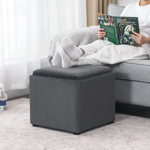 Vista 4 de Otomana Cuadrada con Almacenamiento con Bandeja, Pequeño Taburete de Reposapiés de Corderito, Mesa de Centro para Dormitorio y Sala de Estar, Gris