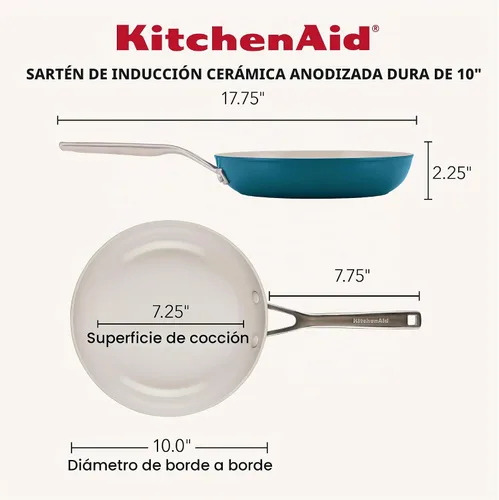Vista 2 de Sartén para saltear y freír de cerámica anodizada dura con inducción antiadherente de KitchenAid, apta para lavavajillas, sartén antiadherente de 10
