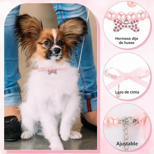 Vista 3 de Hicarer 2 Piezas Collares de Perlas Pequeños para Perros y Gatos y Juego de Collar de Perlas con Collar de Cuero PU Lindo para Mascotas con Cristal