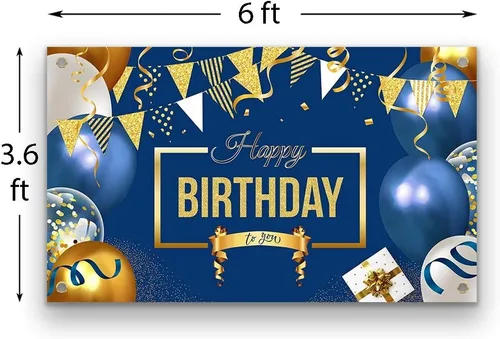 Vista 2 de Cartel de decoración de feliz cumpleaños, globos grandes azul marino y dorado, póster temático para niños, hombres y mujeres, cartel de celebración