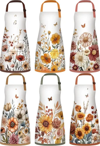 Vista 14 de Bencailor 6 delantales de cocina de verano con bolsillos, diseño de flores, gallo, abeja, mariposa, girasol, delantales de verano a granel