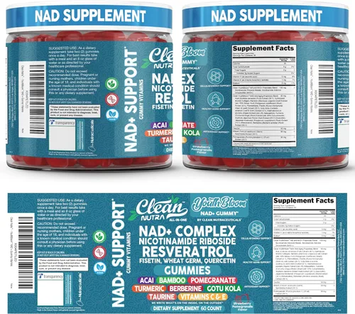 Vista 9 de Gomas de Suplemento Youth Bloom NAD+ con Resveratrol, Fisetin, Germen de Trigo, Berberina, Taurina, Cúrcuma, Colágeno, Astaxantina, Nicotinamida