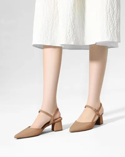 Vista 3 de Coutgo Zapatos de tacón bajo y grueso para mujer, tacón puntiagudo cerrado, para boda, fiesta, vestido