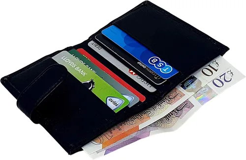 Vista 4 de RAS WALLETS Billetera de cuero para tarjetas de crédito para hombre, 20 bolsillos de plástico transparente, color negro con compartimento