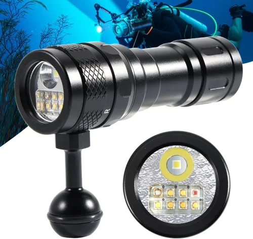 Vista 9 de APLOS Luz de buceo AP20 - Linterna de buceo de 2000 lúmenes, linterna submarina impermeable IPX8 con batería recargable y cargador